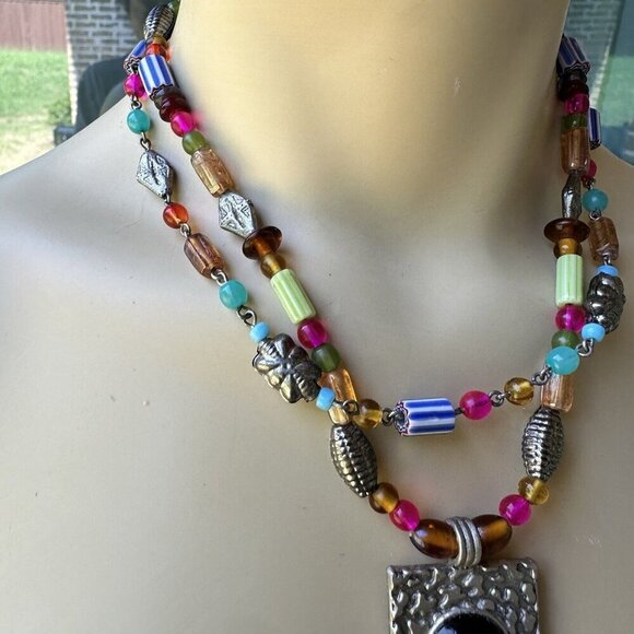 VTG Pendant Necklace 17" Beaded Art Glass Multicolor Double Strand Adjustable - Picture 4 of 8